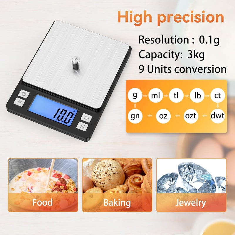 BOMATA Upgraded Small Food Scale, 0.1 g/0.001 oz High Precision, 3000 g/6.6 lb, with New Hold Function and Larger Display, USB Rechargeable, Digital Kitchen Scale for Small Item, Jewelry. Black - Image 4